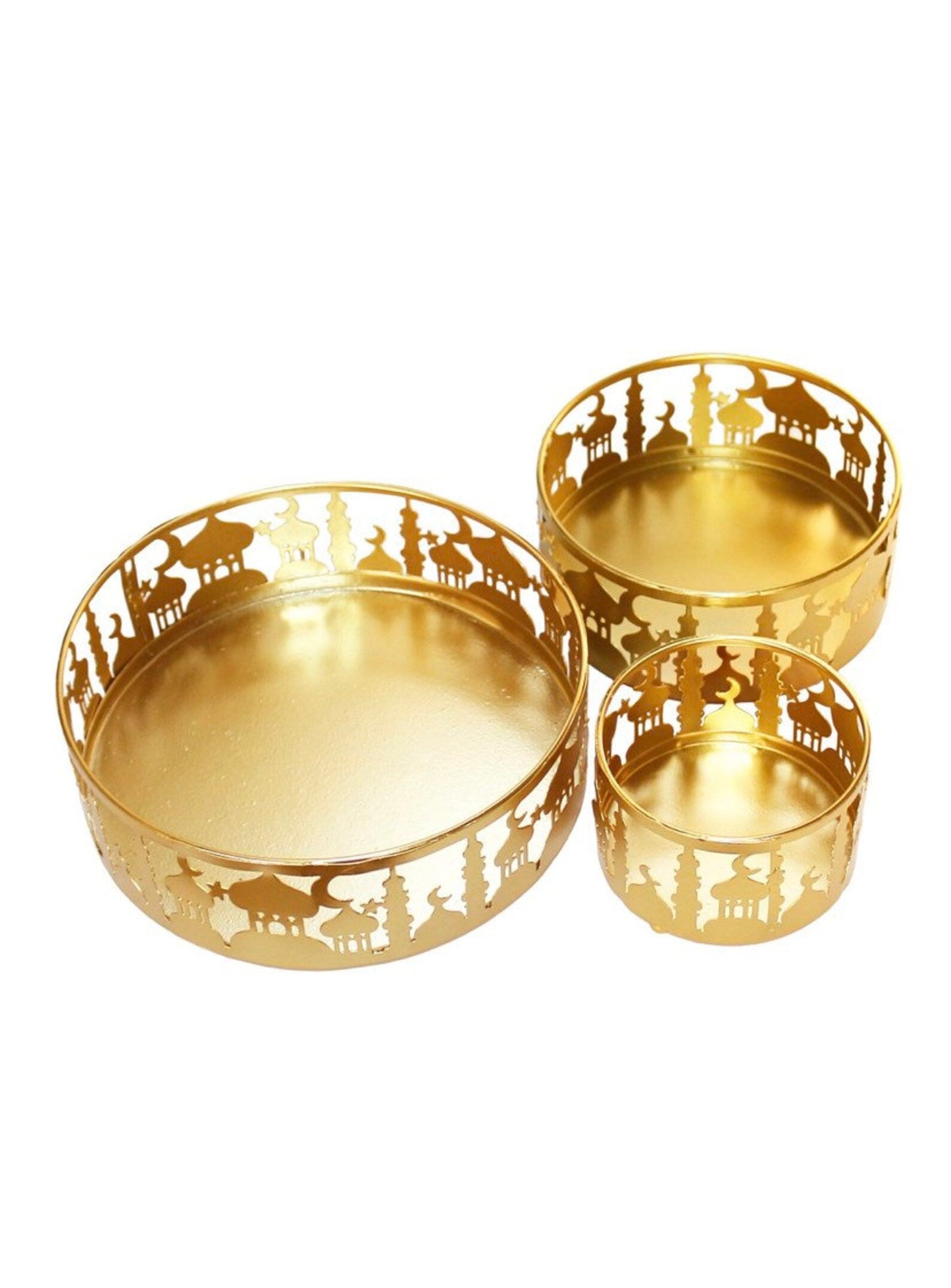 Set of 3 Gold Metal Eid Mubarak Food Tray Storage Containers